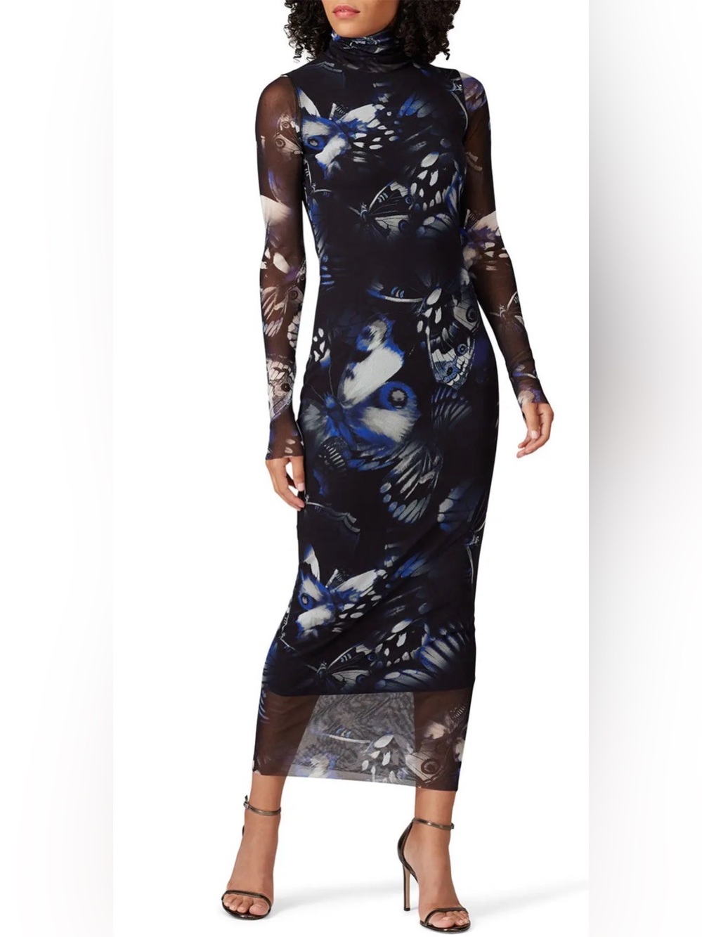 Fuzzi Italy Butterfly Mesh Turtleneck Midi Dress